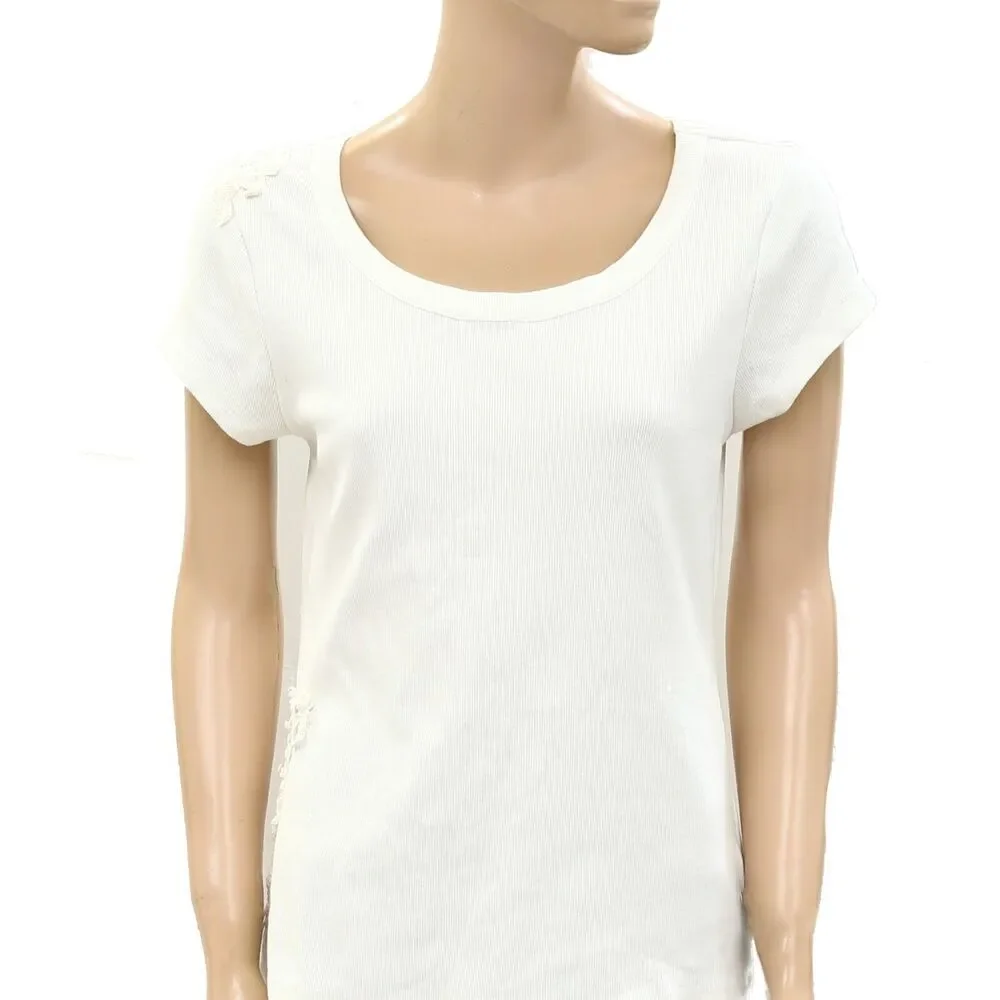 By Anthropologie Lace Appliqué Ribbed Blouse Top Short Sleeve White M 270375